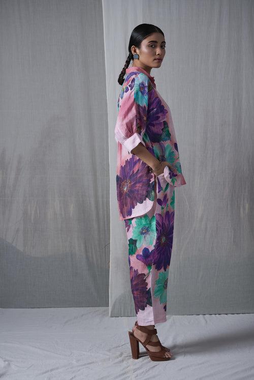 Pink floral printed, hand woven linen Kauri kimono shirt paired with pants, Sustainable Cord set