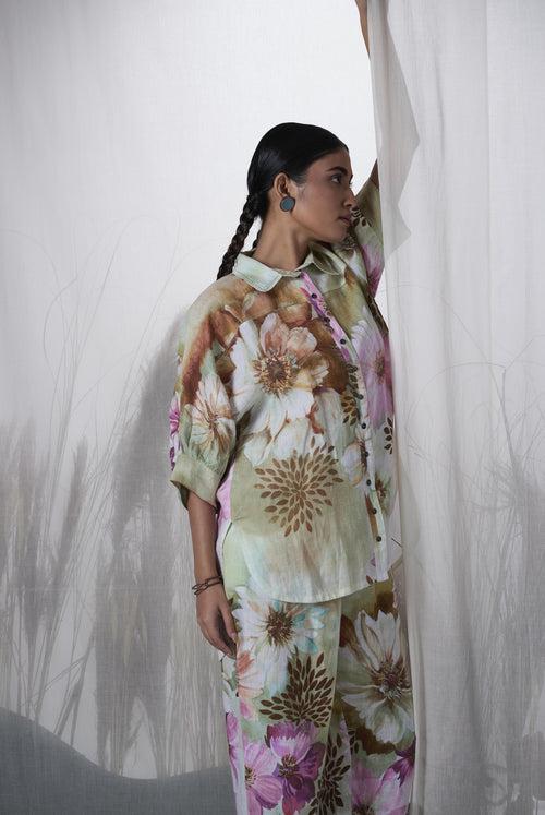 Snuff floral printed, hand woven linen Ceiba kimono shirt paired with pants, Sustainable Cord set