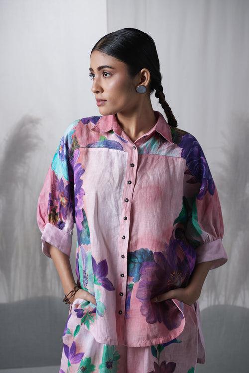 Pink floral printed, hand woven linen Kauri kimono shirt paired with pants, Sustainable Cord set