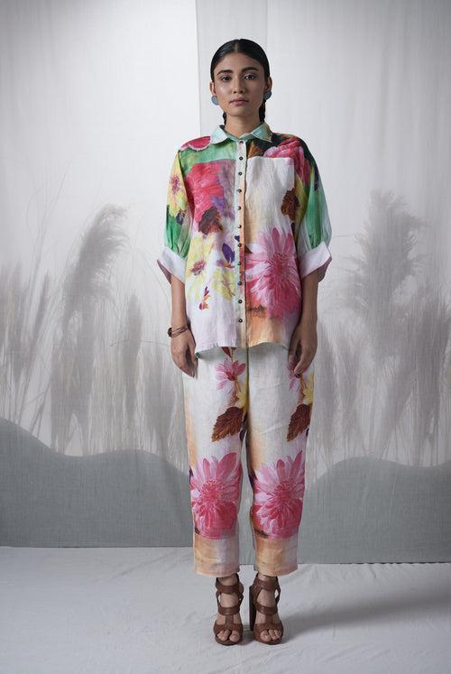 Green floral printed, hand woven linen Ramon kimono shirt paired with pants, Sustainable Cord set