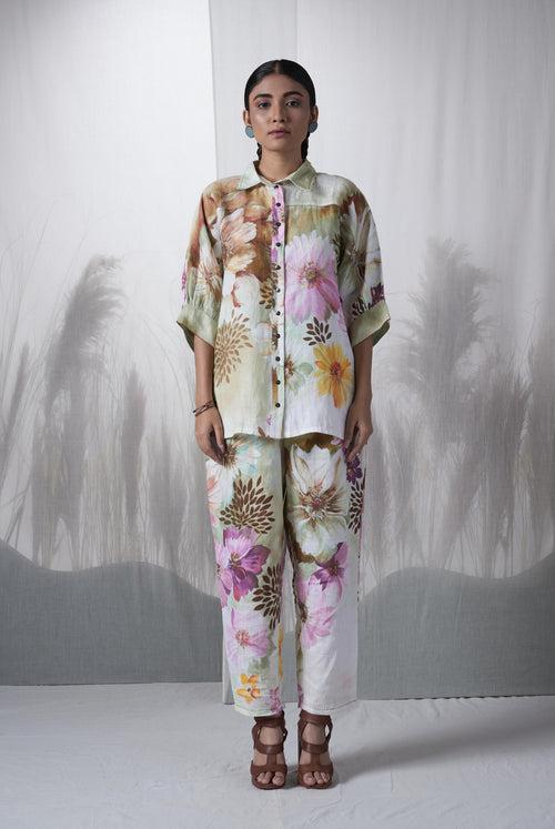 Snuff floral printed, hand woven linen Ceiba kimono shirt paired with pants, Sustainable Cord set