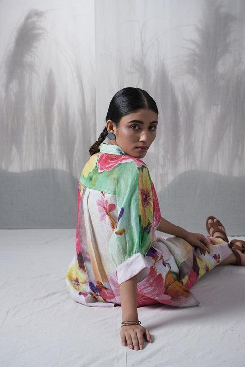 Green floral printed, hand woven linen Ramon kimono shirt paired with pants, Sustainable Cord set