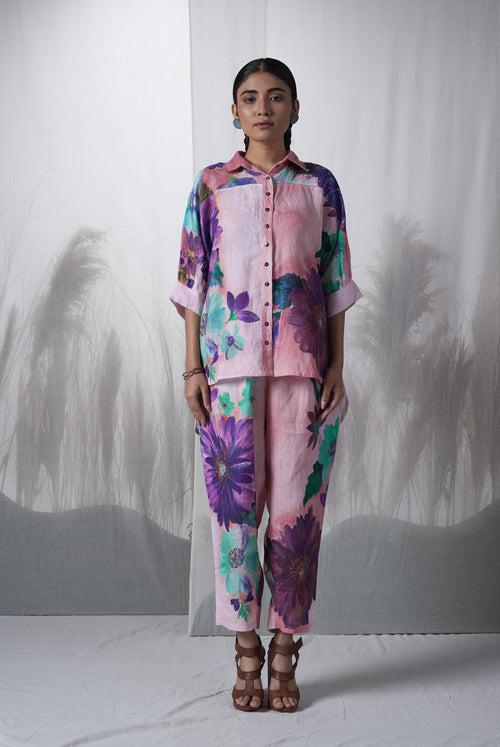 Pink floral printed, hand woven linen Kauri kimono shirt paired with pants, Sustainable Cord set