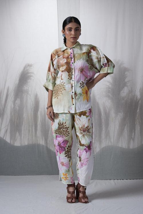 Snuff floral printed, hand woven linen Ceiba kimono shirt paired with pants, Sustainable Cord set