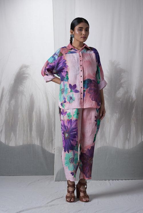 Pink floral printed, hand woven linen Kauri kimono shirt paired with pants, Sustainable Cord set