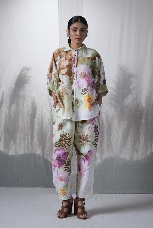 Snuff floral printed, hand woven linen Ceiba kimono shirt paired with pants, Sustainable Cord set