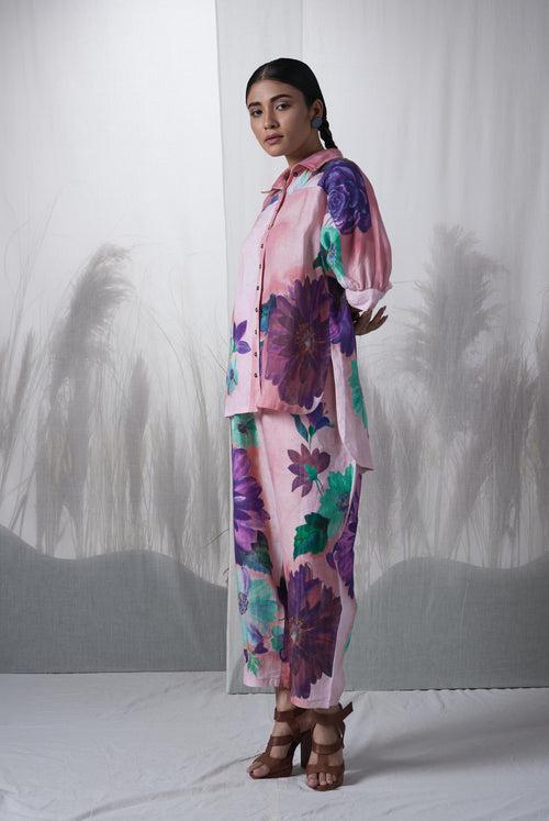 Pink floral printed, hand woven linen Kauri kimono shirt paired with pants, Sustainable Cord set