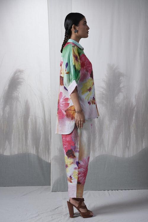 Green floral printed, hand woven linen Ramon kimono shirt paired with pants, Sustainable Cord set