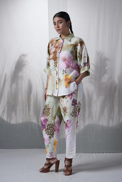 Snuff floral printed, hand woven linen Ceiba kimono shirt paired with pants, Sustainable Cord set