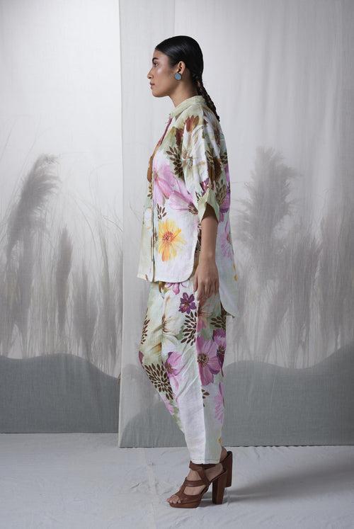 Snuff floral printed, hand woven linen Ceiba kimono shirt paired with pants, Sustainable Cord set