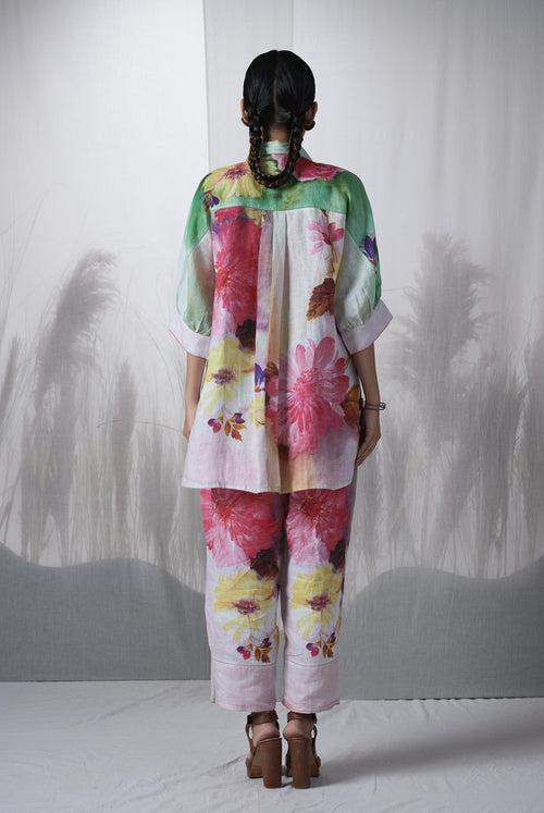 Green floral printed, hand woven linen Ramon kimono shirt paired with pants, Sustainable Cord set