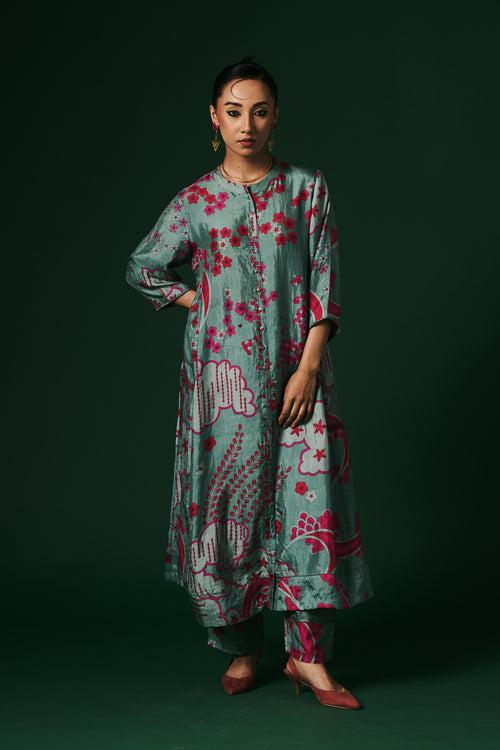 Aqua Angelonia hand printed, hand woven mulberry silk cord set kurta