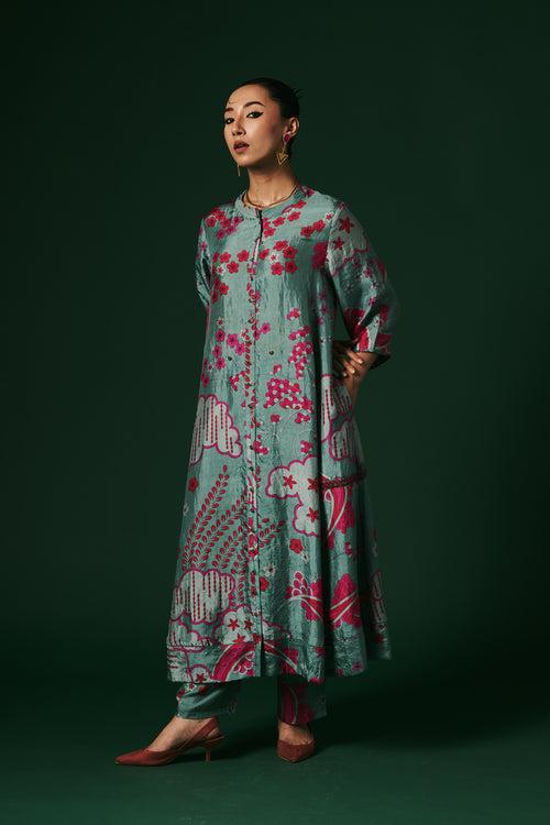 Aqua Angelonia hand printed, hand woven mulberry silk cord set kurta