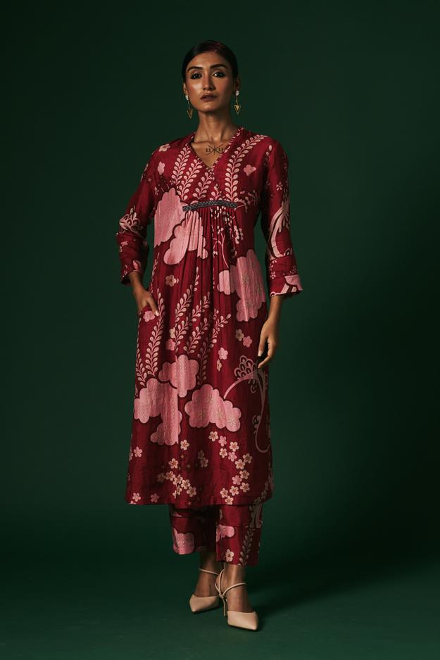 Deep red Tecoma hand printed, hand woven mulberry silk cord set dress