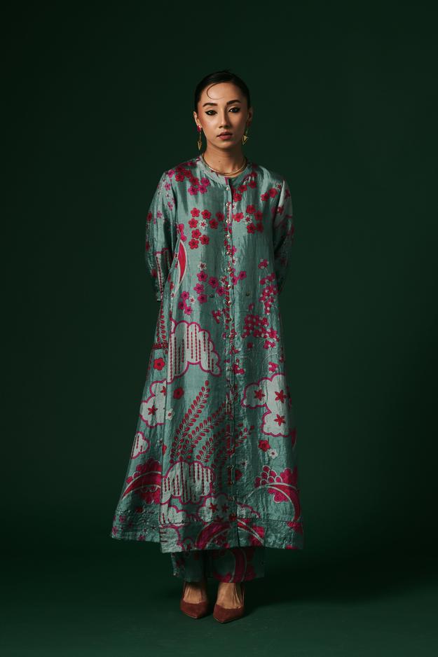 Aqua Angelonia hand printed, hand woven mulberry silk cord set kurta