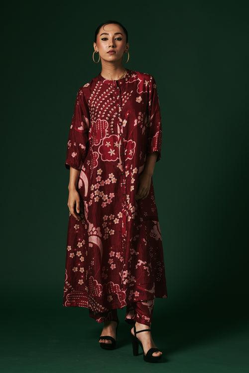 Deep red Hibiscus hand printed, hand woven mulberry silk cord set kurta