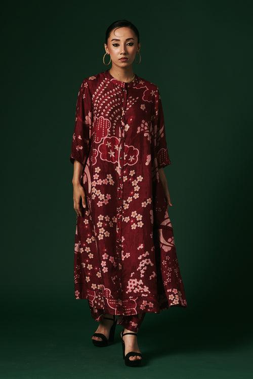 Deep red Hibiscus hand printed, hand woven mulberry silk cord set kurta