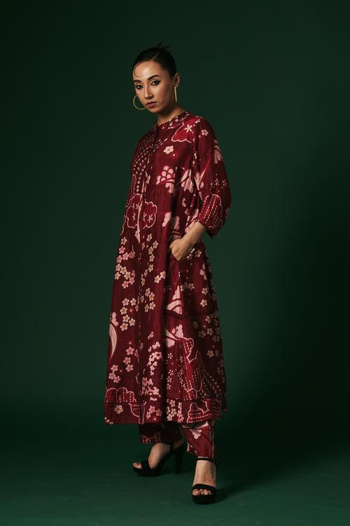 Deep red Hibiscus hand printed, hand woven mulberry silk cord set kurta