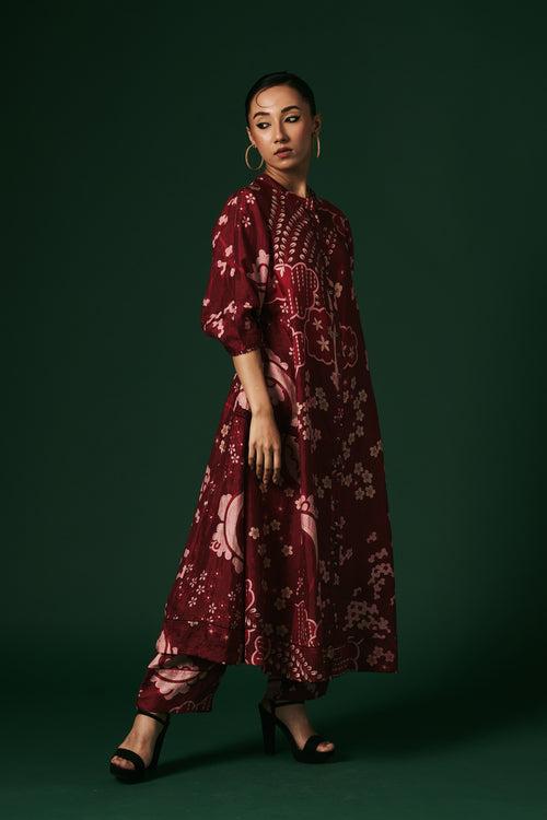 Deep red Hibiscus hand printed, hand woven mulberry silk cord set kurta