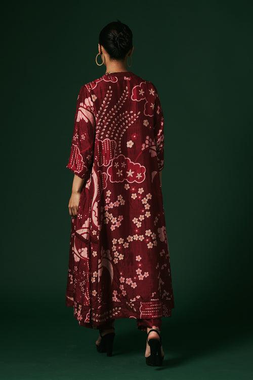 Deep red Hibiscus hand printed, hand woven mulberry silk cord set kurta