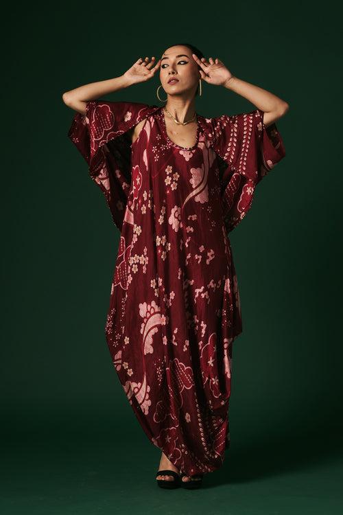 Deep red Calendula hand printed, hand woven mulberry silk draped dress paired with cape
