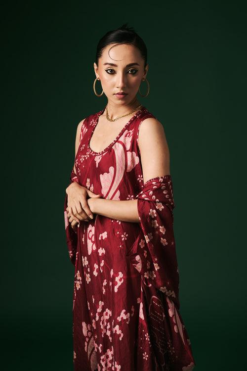 Deep red Calendula hand printed, hand woven mulberry silk draped dress paired with cape