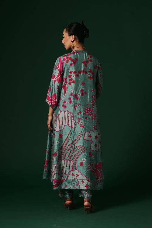 Aqua Angelonia hand printed, hand woven mulberry silk cord set kurta