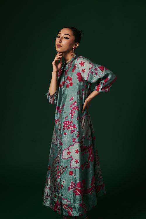 Aqua Angelonia hand printed, hand woven mulberry silk cord set kurta