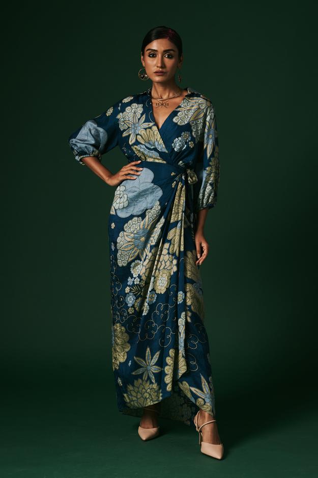 Indigo poppy hand printed, hand woven mulberry silk Draped wrap tieup dress