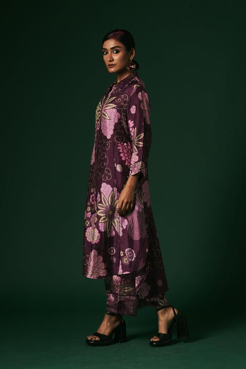 Obergene Scilla hand printed, hand woven mulberry silk cord set kurta