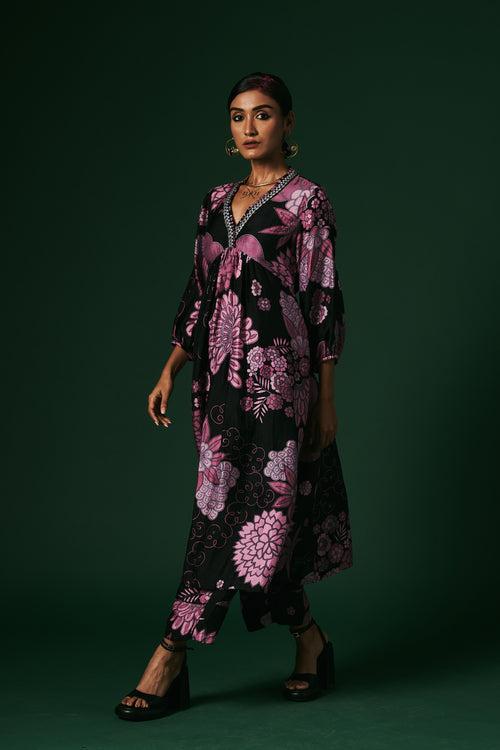 Charcoal and pink Coneflower hand printed, hand woven mulberry silk cord set kurta