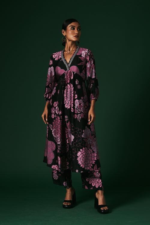 Charcoal and pink Coneflower hand printed, hand woven mulberry silk cord set kurta