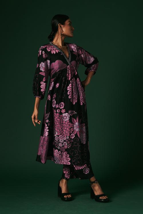 Charcoal and pink Coneflower hand printed, hand woven mulberry silk cord set kurta