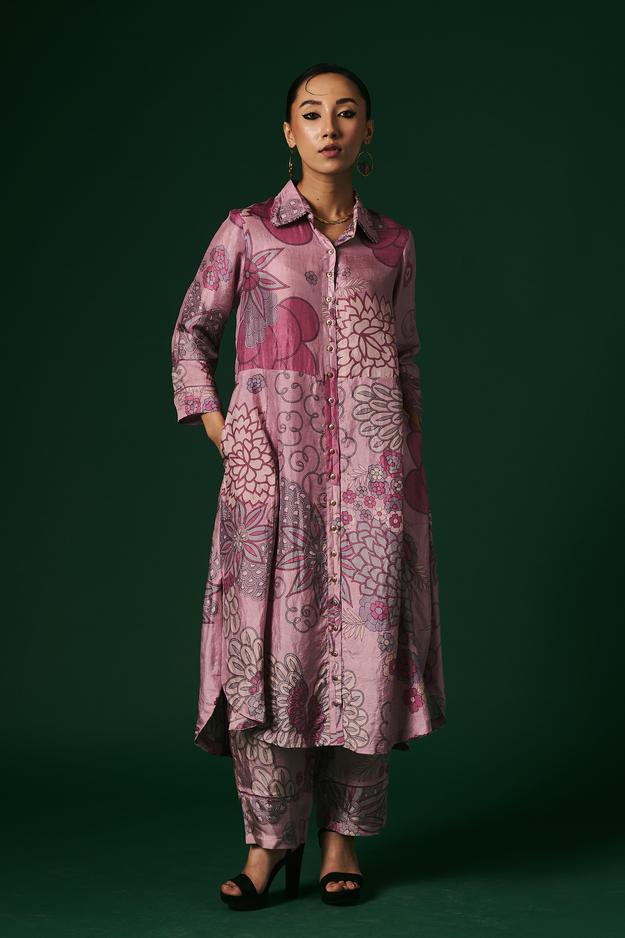 Onion pink hand Cosmos printed, hand woven mulberry silk cord set kurta