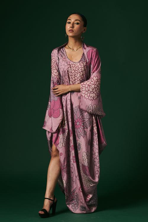 Onion pink starflower hand printed, hand woven mulberry silk draped dress paired with cape