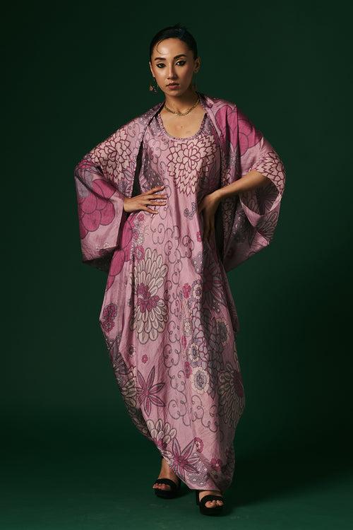 Onion pink starflower hand printed, hand woven mulberry silk draped dress paired with cape
