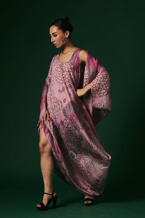 Onion pink starflower hand printed, hand woven mulberry silk draped dress paired with cape