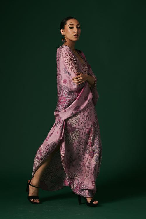 Onion pink starflower hand printed, hand woven mulberry silk draped dress paired with cape