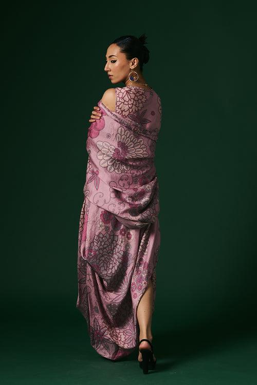 Onion pink starflower hand printed, hand woven mulberry silk draped dress paired with cape
