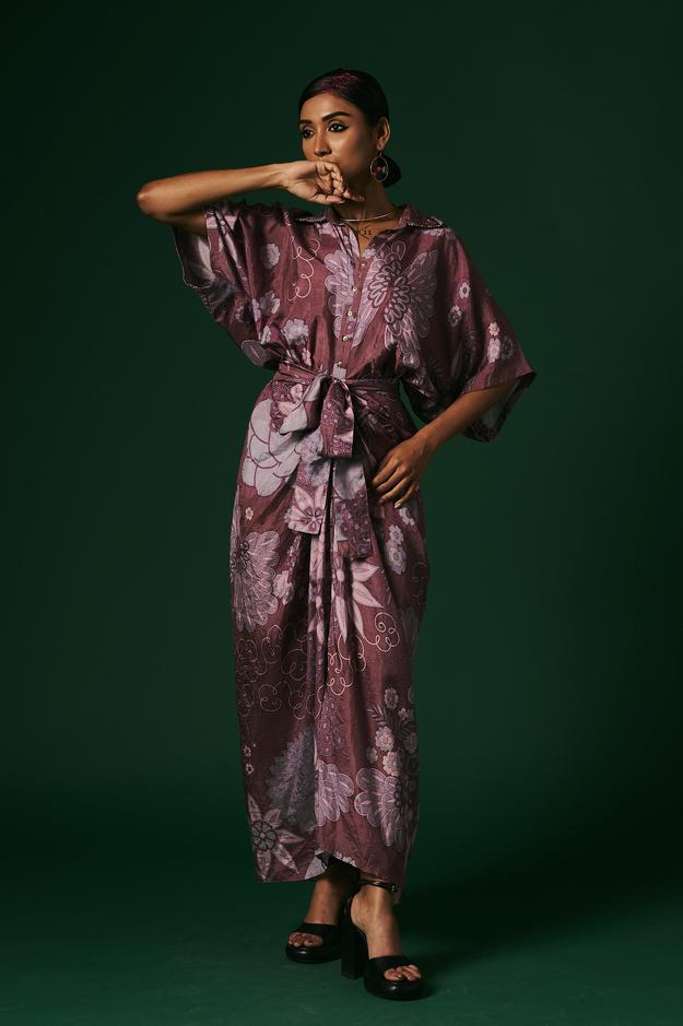 Deep onion pink Lantania hand printed, hand woven mulberry silk Draped dress