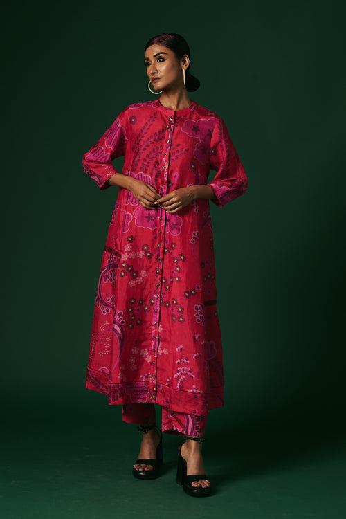 Deep pink Petunia hand printed, hand woven mulberry silk cord set kurta