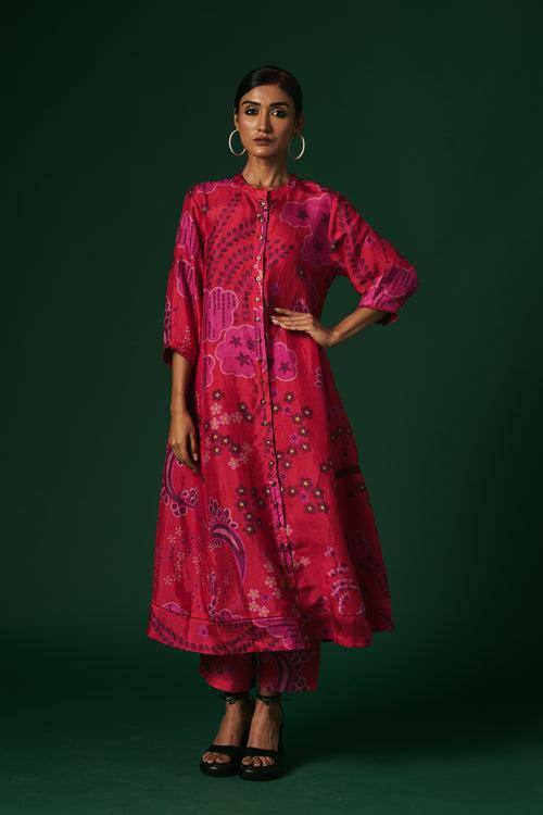 Deep pink Petunia hand printed, hand woven mulberry silk cord set kurta