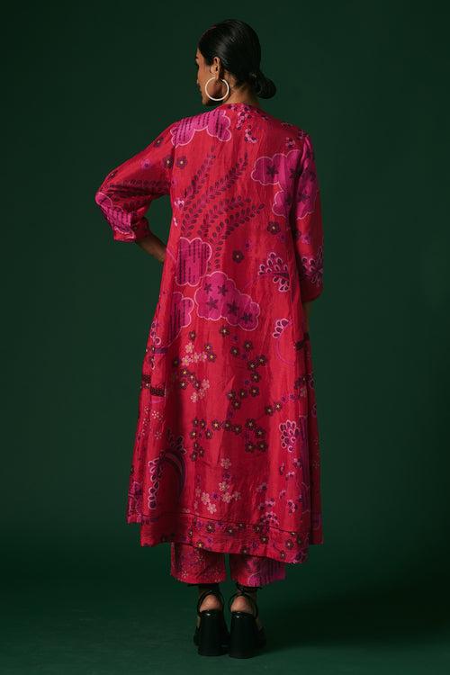 Deep pink Petunia hand printed, hand woven mulberry silk cord set kurta