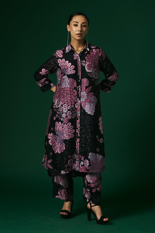 Charcoal and pink Daylily hand printed, hand woven mulberry silk cord set kurta