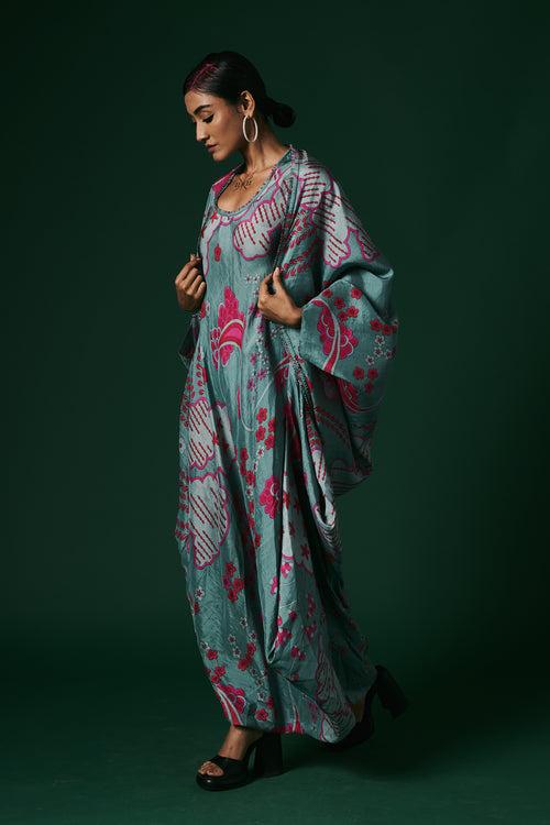 Aqua Viola hand printed, hand woven mulberry silk draped dress paired with cape