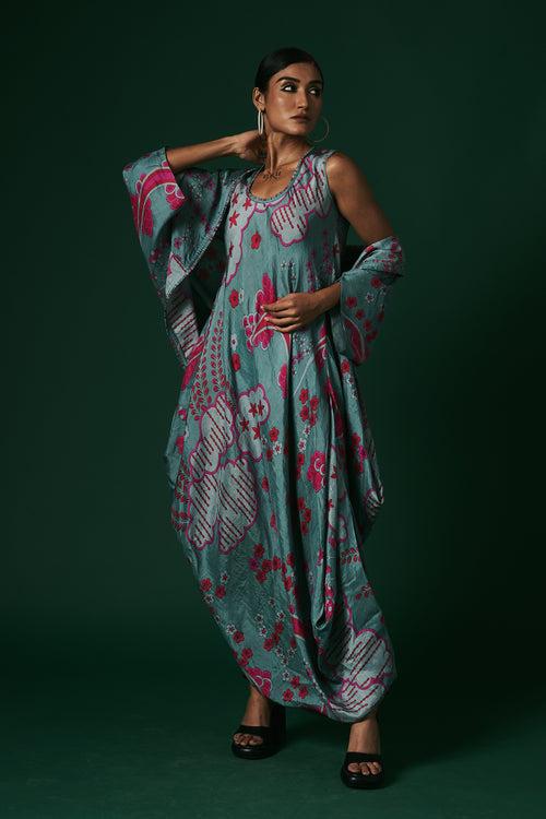 Aqua Viola hand printed, hand woven mulberry silk draped dress paired with cape