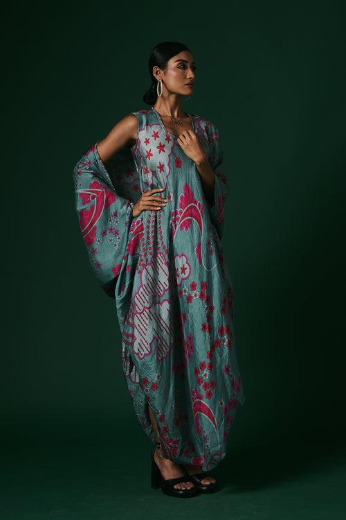 Aqua Viola hand printed, hand woven mulberry silk draped dress paired with cape