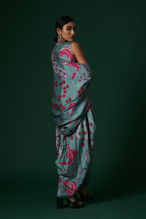 Aqua Viola hand printed, hand woven mulberry silk draped dress paired with cape