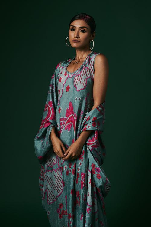 Aqua Viola hand printed, hand woven mulberry silk draped dress paired with cape