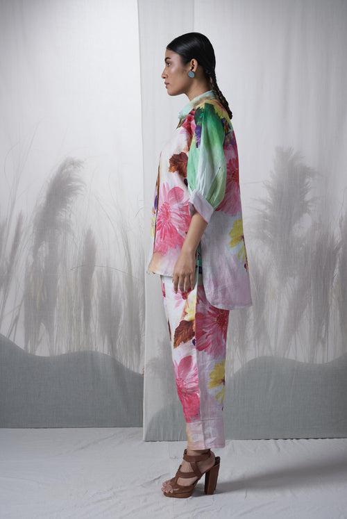 Green floral printed, hand woven linen Ramon kimono shirt paired with pants, Sustainable Cord set